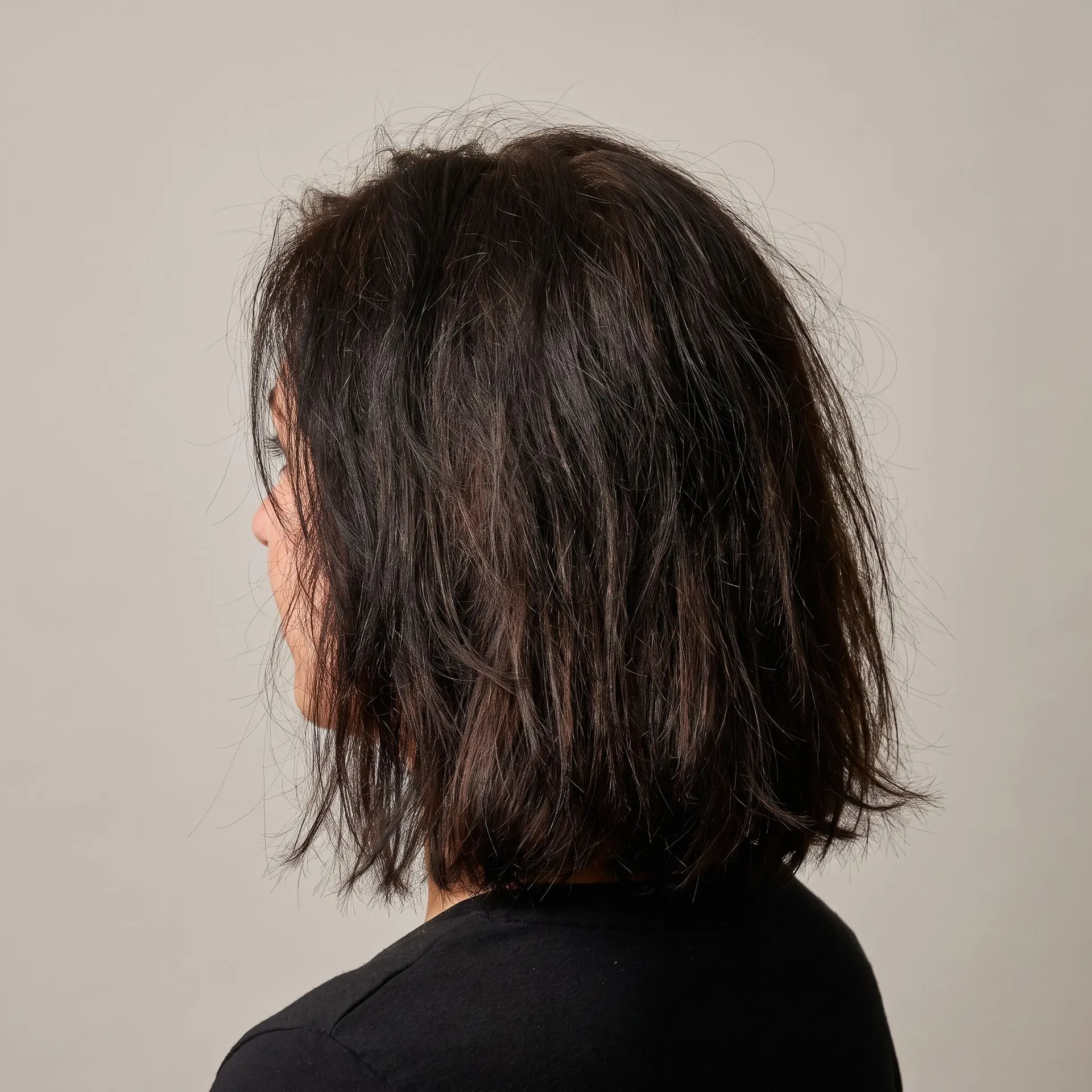 Clienta en tres cuartos de espaldas con bob oscuro desfilado, seco y con frizz, antes del cambio