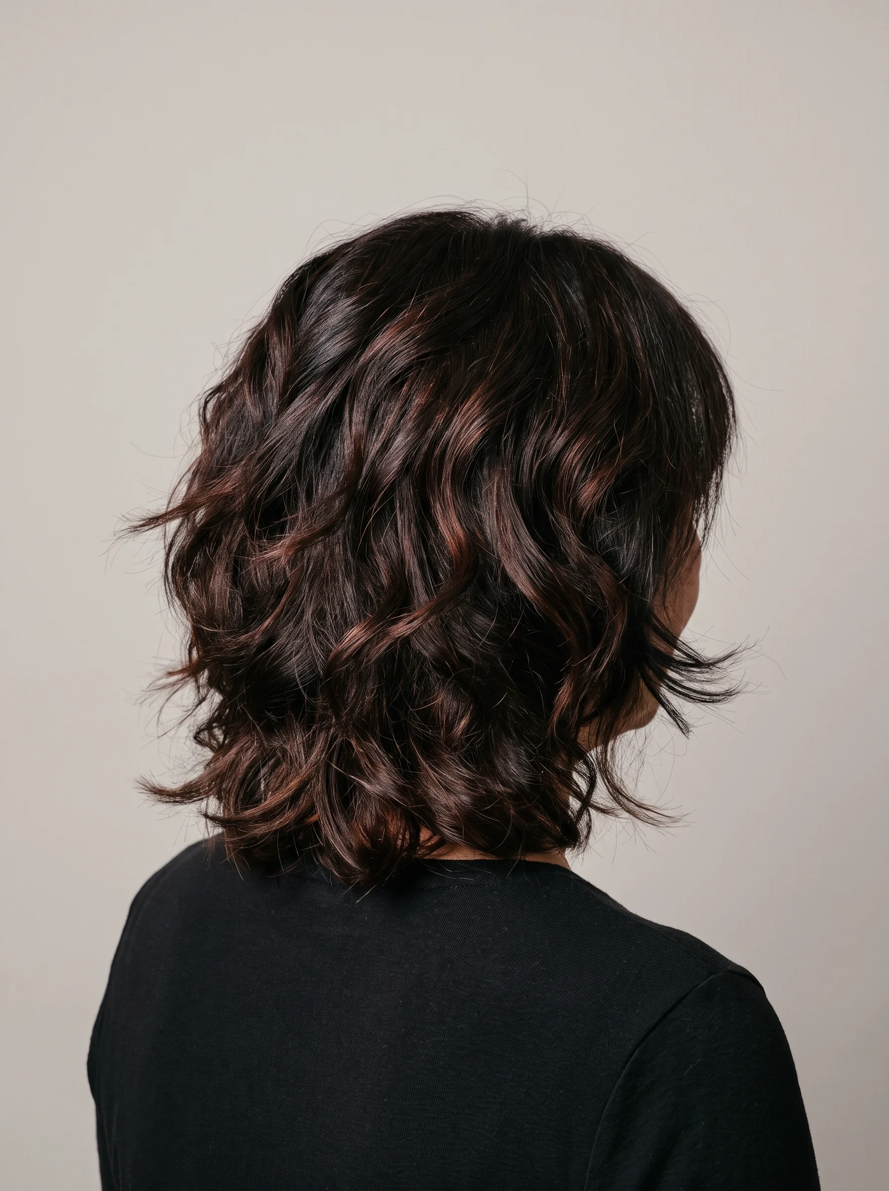 La misma clienta de espaldas con corte desfilado en ondas, base castaña y reflejos rojizos, después del cambio